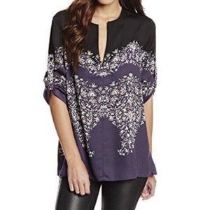 BCBGMaxazria Print Boho Top Black Navy Blue White Floral Paisley Roll Tab Size L